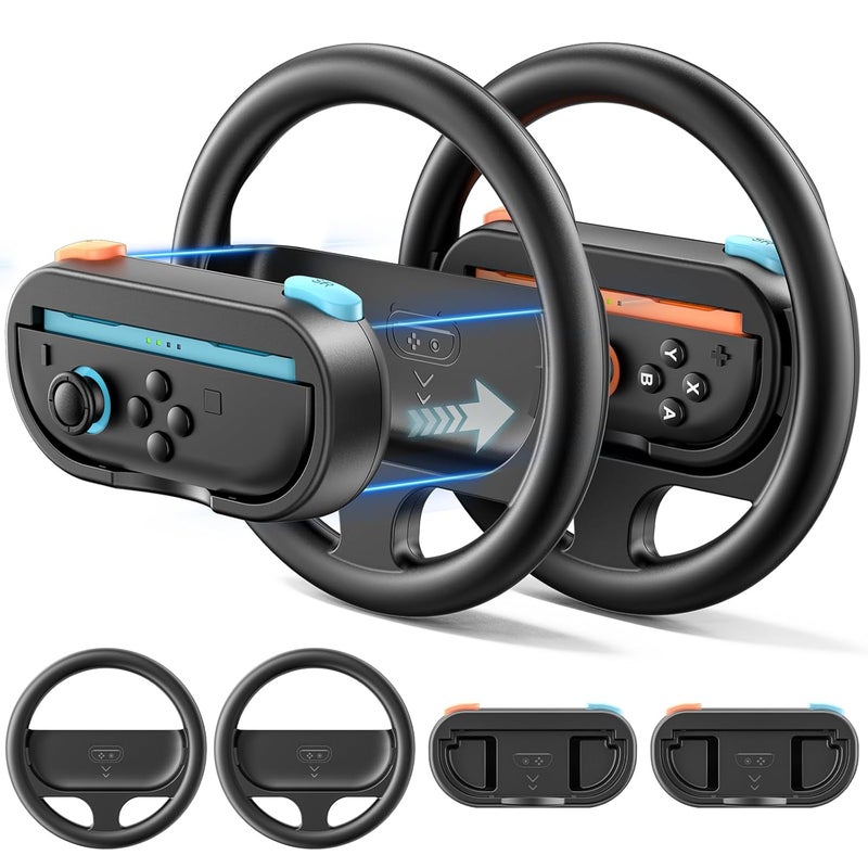 Rysker Steering Wheel & Grip for 2025 Switch 2 Joy-Cons, Switch 2 Racing Wheel with Detachable Controller Grip for Mario Kart World 8 Deluxe, Family Sports Party Switch Accessories -2 Packs, Orange & Blue - Image 1